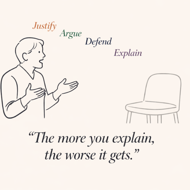 The floating words JADEacronym Justify (terracotta) Argue (forest green) Defend (navy) Explain (plum)